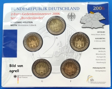 Sonderposten_8: 5 x 2 Euro Gedenkmünze Deutschland 2006 Holstentor 1/16