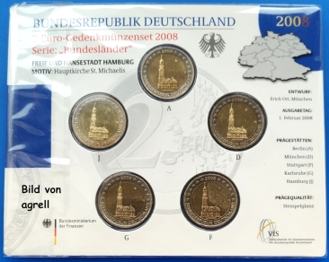 Sonderposten_9: 5 x 2 Euro Gedenkmünze Deutschland 2008 Hamburger Michel 3/16